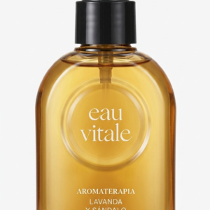 Botella spray de vidrio con líquido dorado, etiqueta Eau Vitale, aromaterapia lavanda y sándalo, Yanbal