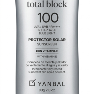Envase plateado de bloqueador Yanbal Total Block 100 con tapa azul, presentación de 80g.