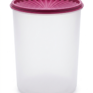 Recipiente plástico traslúcido cilíndrico con tapa color vino tinto