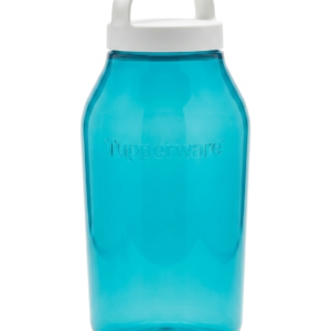 Botella plástica azul turquesa marca Tupperware con tapa blanca y asa