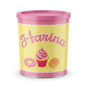 Recipiente cilíndrico con tapa rosada y etiqueta amarilla que dice Harina, con imágenes de dulces.