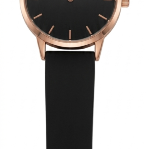 Reloj unisex con caja dorada rosa, carátula negra y correa de silicona negra
