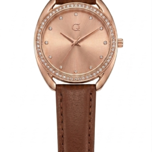 Reloj de mujer con correa de cuero café y carátula dorada rosa con brillantes alrededor