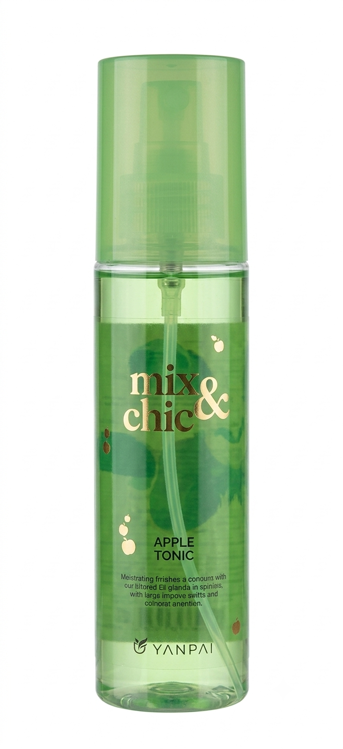 auto draft Botella verde en spray Mix & Chic Apple Tonic de Yanpai sobre fondo blanco.