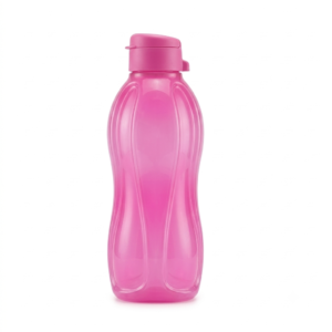 Termo plástico rosa translúcido con tapa flip del mismo color, cuerpo con líneas curvas