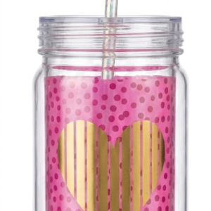 Vaso transparente con diseño rosa de lunares, corazón dorado y pitillo blanco.