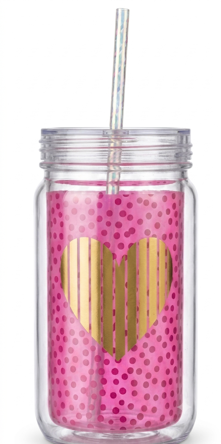 vaso con pillo rosa para bebidas Vaso transparente con diseño rosa de lunares, corazón dorado y pitillo blanco.
