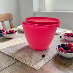 Recipiente hermético redondo color rojo con tapa sobre mesa de madera junto a frutos rojos