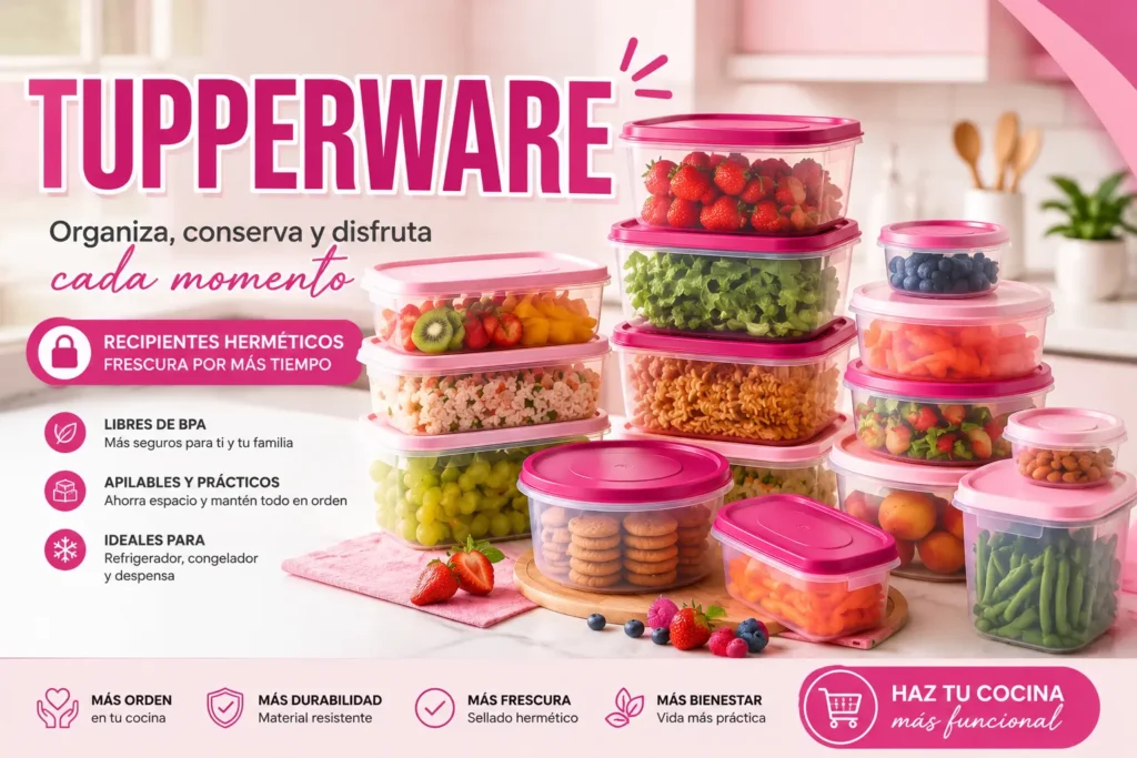 Banner publicitario de recipientes plásticos herméticos con tapas rosadas para conservar alimentos