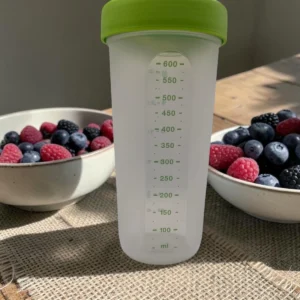 Vaso batidor transparente con tapa verde y escala de medición, junto a boles de frutos rojos