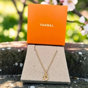 Collar dorado con dije en forma de letra D, presentado junto a caja Yanbal sobre piedra.
