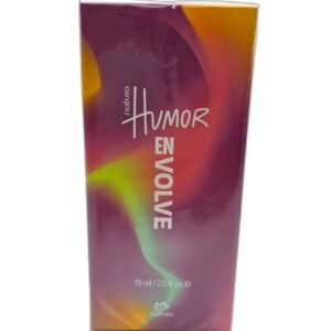 Caja de perfume Natura Humor Envolve de 75 ml con diseño colorido en morado, naranja y verde.
