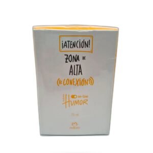 Caja blanca de perfume Natura Humor On-line de 75 ml con texto naranja y negro