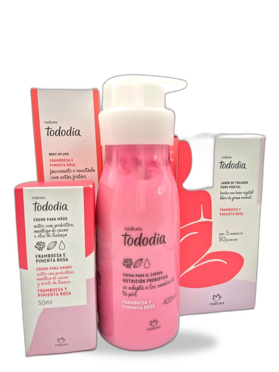 natura 32 Set de productos Natura Tododia Frambuesa y Pimienta Rosa: crema corporal, body splash, crema de manos y jabón