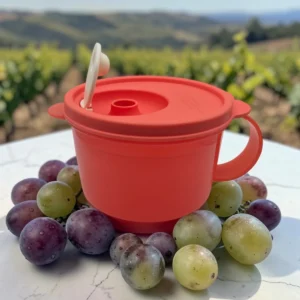 Taza naranja con asa y tapa con válvula, rodeada de uvas, fondo de viñedo