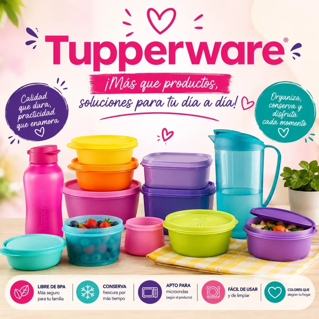 Productos Tupperware coloridos y prácticos para organizar, conservar y disfrutar tus alimentos todos los días.