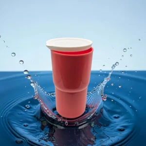 Vaso hermético coral con tapa blanca sobre fondo de agua azul
