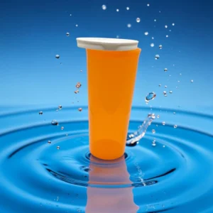 Vaso hermético naranja con tapa blanca sobre fondo de agua azul
